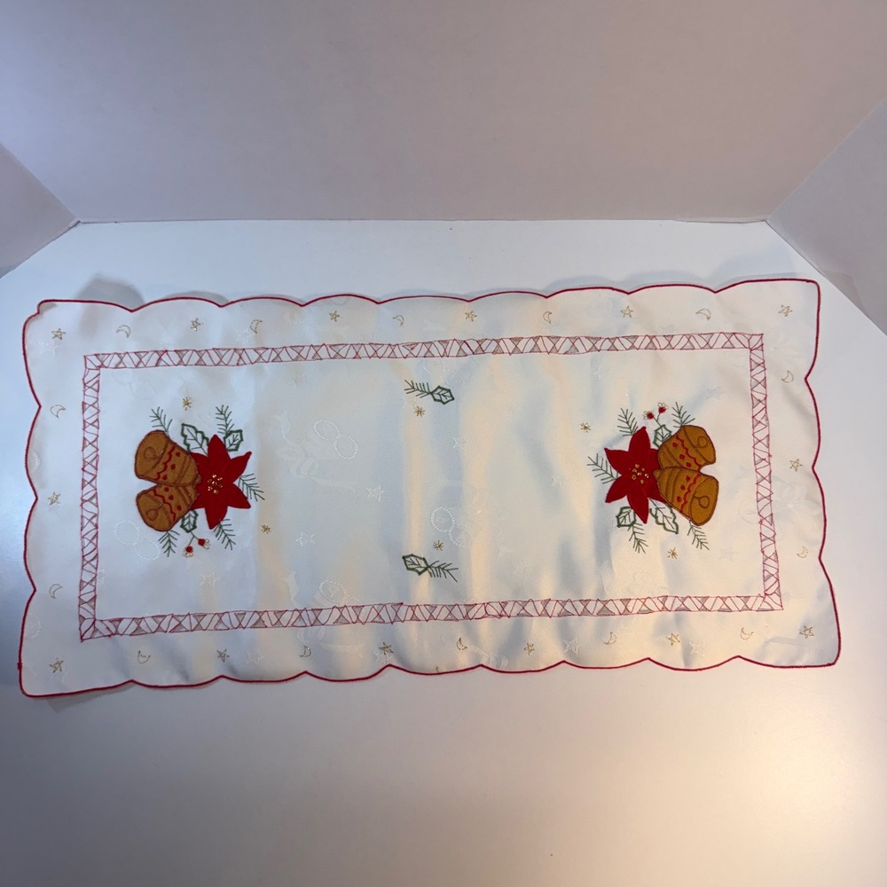Table Runner Christmas White Red Embroidered Poinsettia Bells 22in Holiday